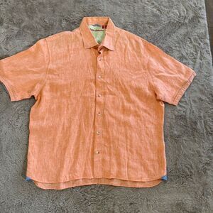 Report Collection Men Linen Shirt XXL Orange Short Sleeve Button-Up Modern Beach